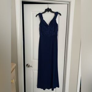 Navy Sleeveless Lace Bodice Evening Gown